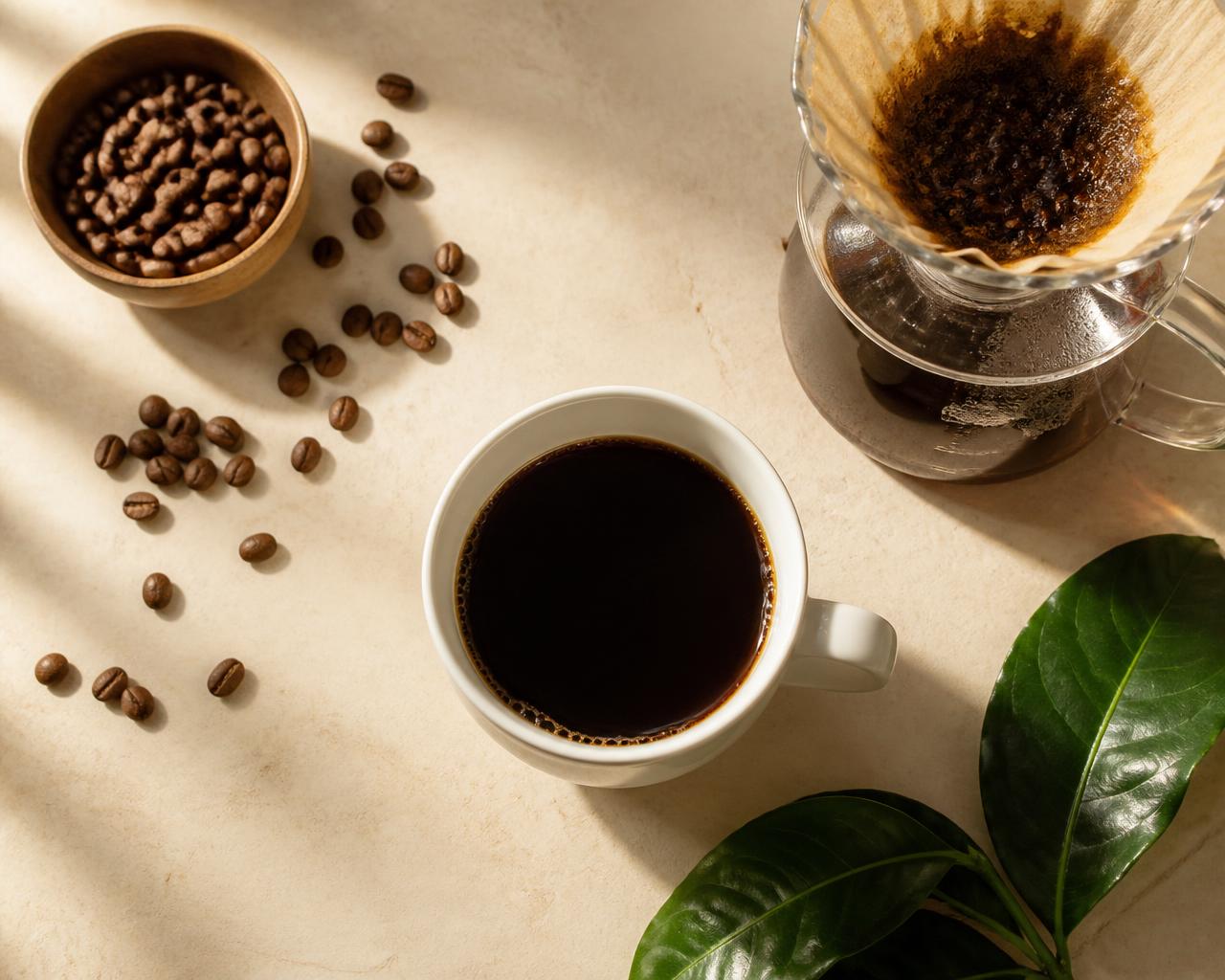 Xícara de café coado sobre mesa clara