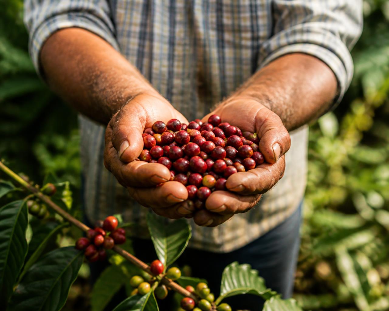 Mãos do produtor segurando cerejas de café recém-colhidas